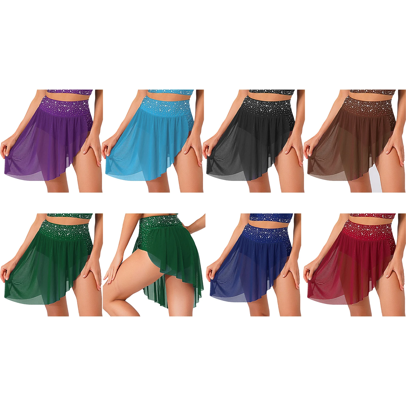 Jupes de Ballet modernes rythmiques pour femmes, vêtements de danse, taille haute, strass, ourlet irrégulier, slip en maille transparente