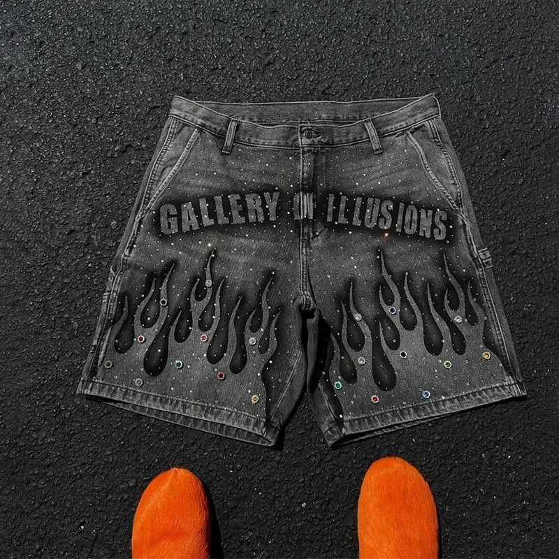 Jeans Sutra Gambar Cetak Gotik Celana Pendek Pria Celana Pendek Denim Pinggang Tinggi Antik Hiphop Harajuku Jalanan Pakaian Pria Celana Longgar Kasual Pria