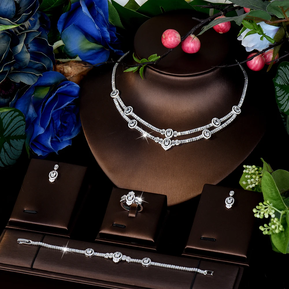 

HIBRIDE New Elegant Necklace Earrings Bracelet Set of 4 Women's Light Luxury Jewelry Suitable for Dubai Wedding Dress Gift S-991