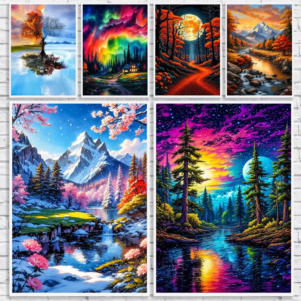 Sunset Forest River Blooms Painting Calligraphy High-Quality Canvas Wall Mural Crease-Free For Living Room Bedroom Interiors