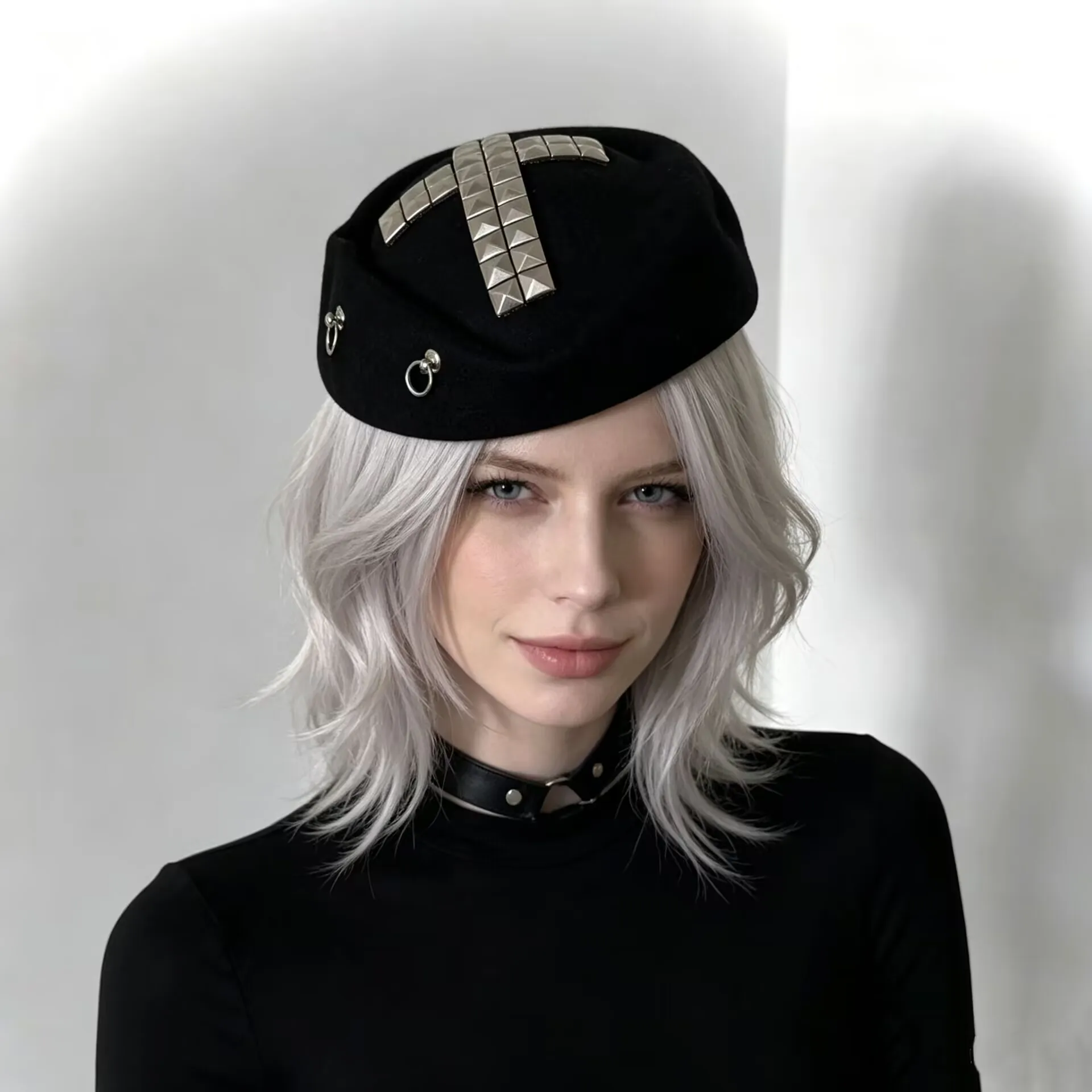 Punk Gothic Cross Rivet Beret Hat for Women, Black Wool Alt Fashion Hat Silver Pyramid Stud Cross Metal Decor Y2K Headwear