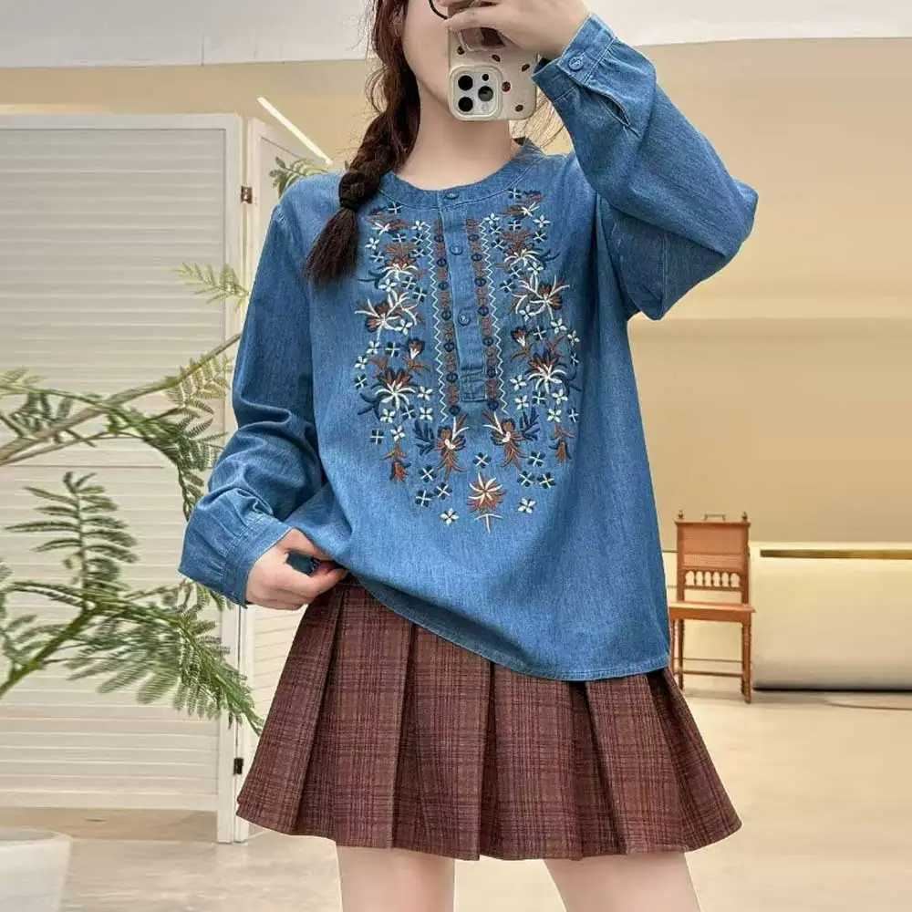 

Japanese Vintage Mori Girl Ethnic Style Floral Embroidery Denim Shirts Women Autumn Stand Collar Long Sleeve Casual Jeans Blouse