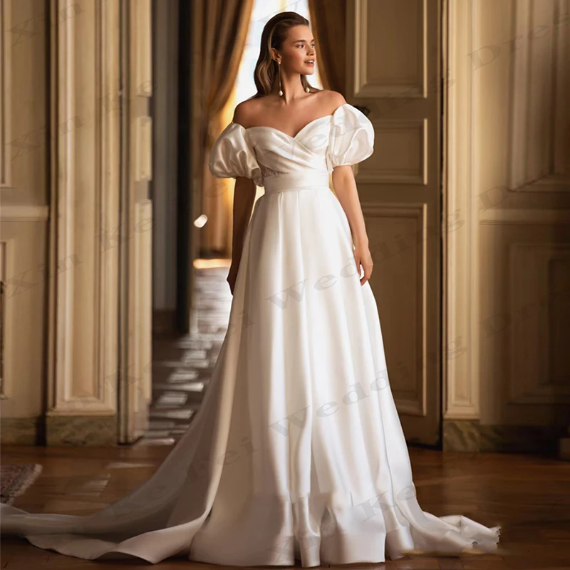 Simple Satin Pleated Bridal Gowns With A-Line Bubble Sleeve Princess Wedding Dresses Formal Beach Party Bride Dress Robe 2024