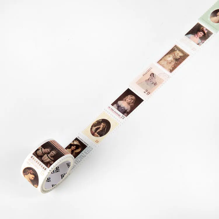1 rol decoratieve tape uit de vintage stempelcollectie, geschikt voor cadeauverpakkingen, journalcollages en het decoreren van enveloppen.
