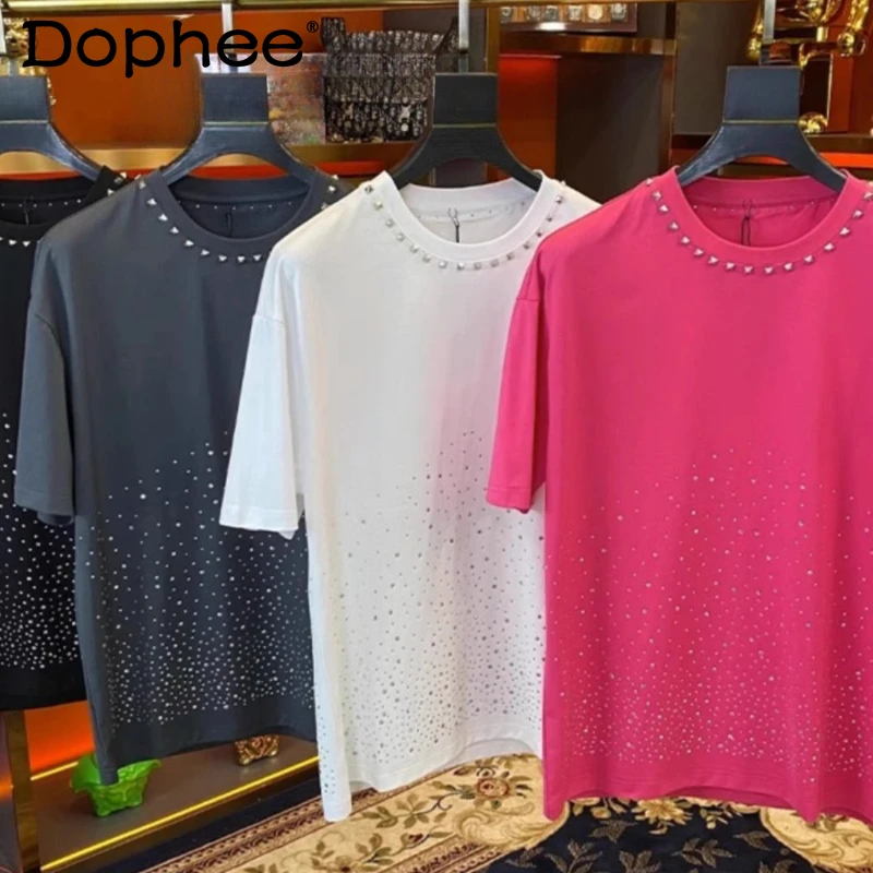 

Trendy Hot Diamond Short-sleeve T-shirts Men's 2025 Summer New Rivet Round Neck Tops Handsome Loose Fashion Versatile T-shirts