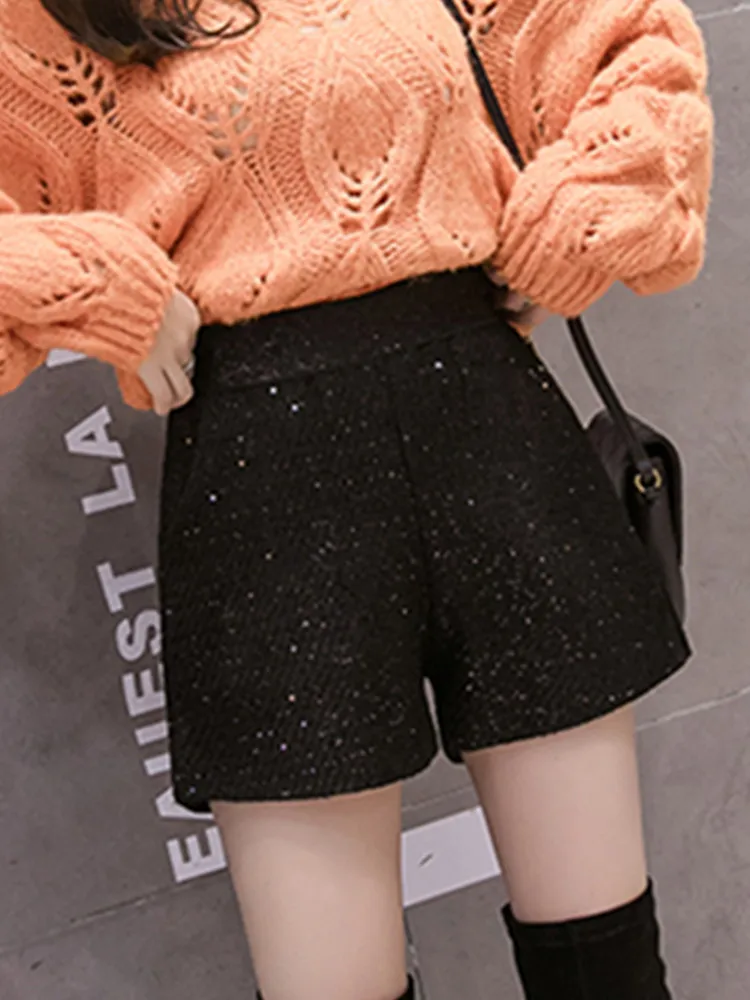 SMTHMA New Autumn Winter Versatile Elastic Waist Shiny Wide Leg Tweed Shorts Women's Small Fragrance Woolen Boots Pants