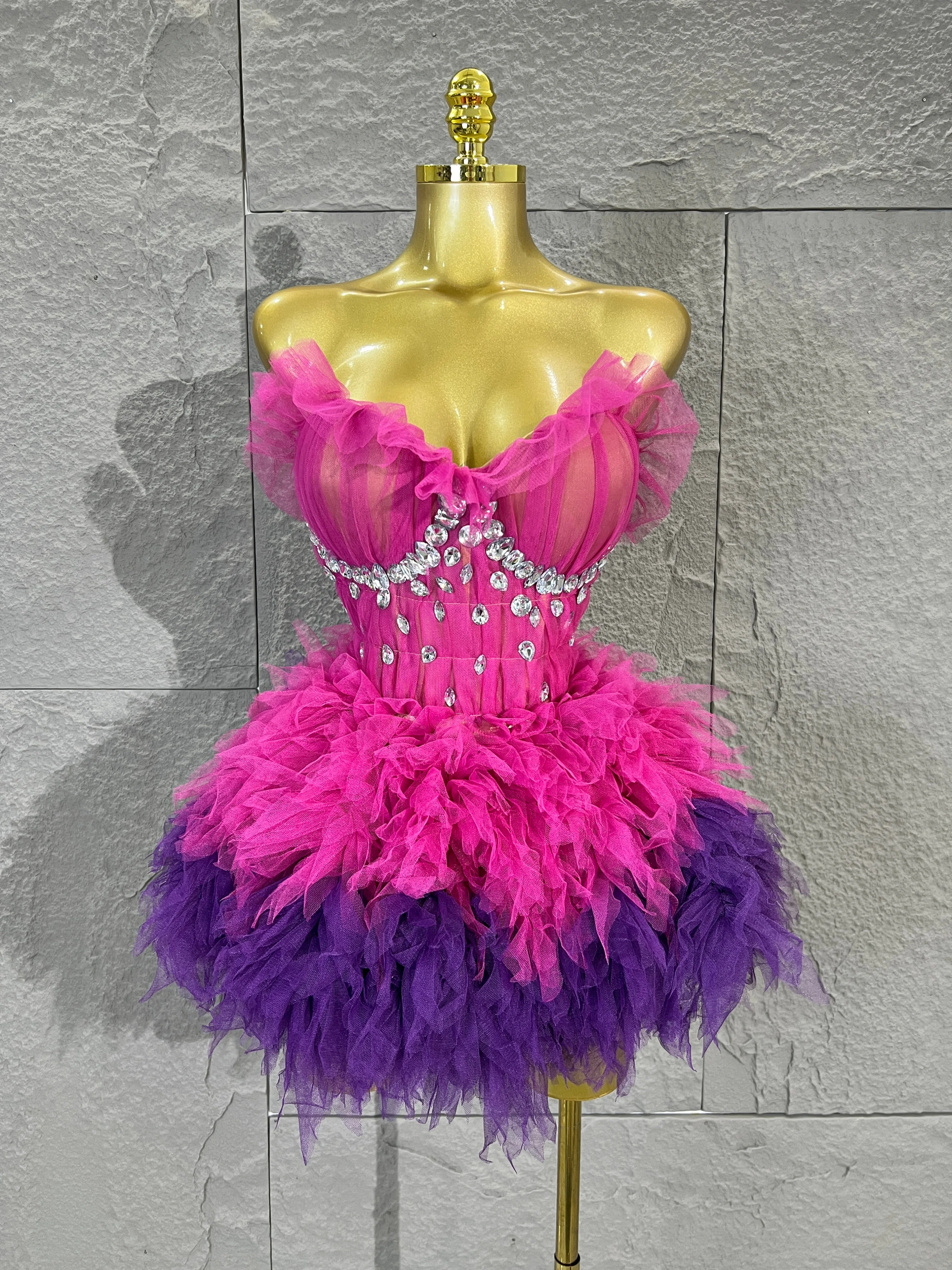 Fuchsia Purple 2 Pieces DressStrapless Rhinestone Corset Top Ruffle TulleMini Skirt Set Women Short Prom Party Outfit