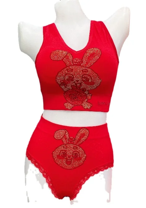 

new year Push Up Bra red Set Wireless Padded Bras Underclothes Women rabbit Underwear Set Sexy Lingerie Seamless Thongs