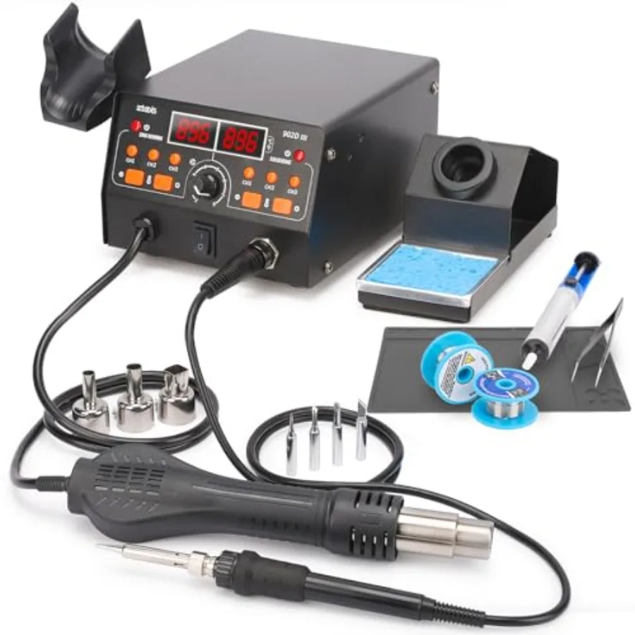

902D III Hot Air Soldering Station 2-IN-1 Kit with 3 Preset Channels, Small Silicone Work Mat, 4 Soldering Tips, 2 Lead-free So