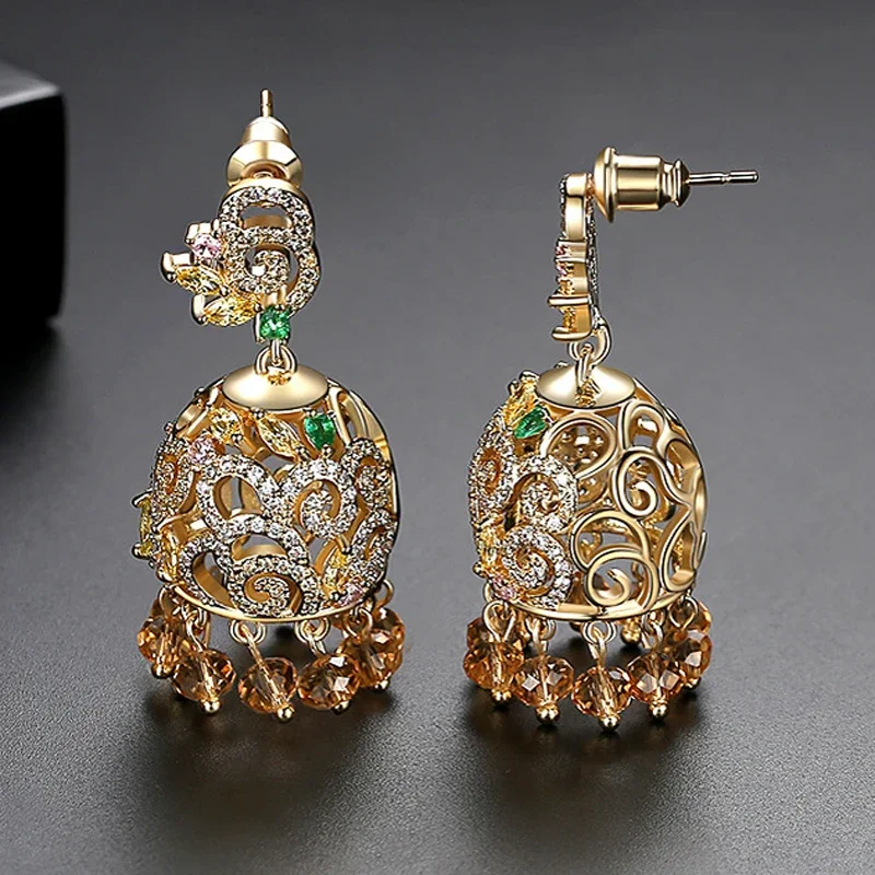 Luxury Jhumka Crystal Zircon Bell Drop Dangle Earrings Indian Jewelry Vintage Jhumki Ethnic Gypsy Beads Tassel Earring Bollywood