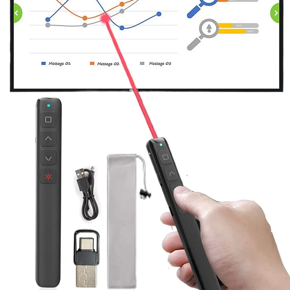 Red Light Wireless Presentation Clicker 2.4GHz Hyperlink Presenter Remote Controller Multi-Function One-touch Keys