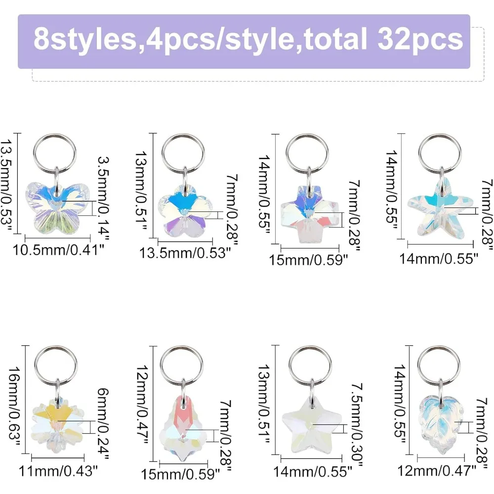 32PCS Roller Skate Shoe Lace Charms, Butterfly Flower Star Leaves Shoe Charm Set with Jump Rings, Glass Charm Pendants