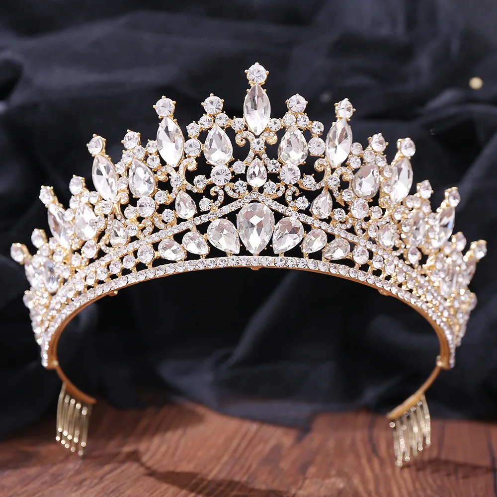 Baroque Blue Green Opal Wedding Crown With Comb Crystal Royal Queen Bridal Tiaras Big Rhinestone Pageant Diadem Head Accessories