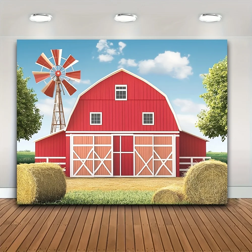 2D Flat 1pc Farmhouse Birthday Party Backdrop Polyester Barn Door Photography Prop Rustic Windmill & Hay Bales Themed Photo Boot