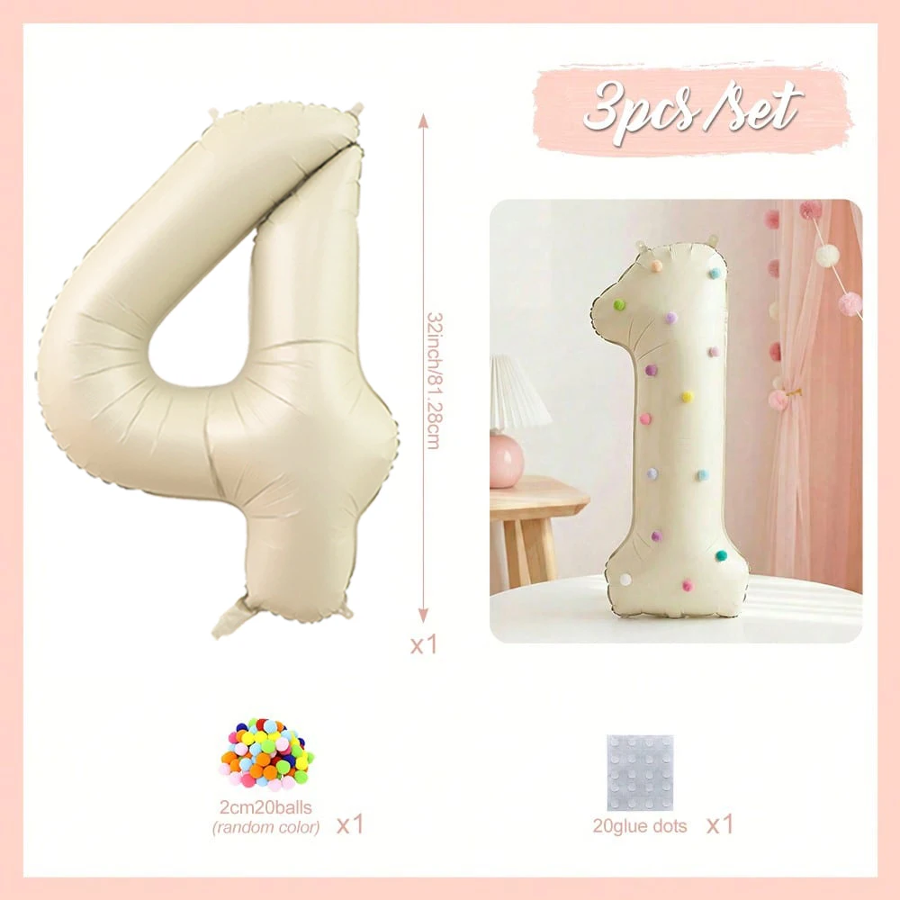 32 inch aluminiumfolie ballonnen, melkwitte cijfers 0-9 voor verjaardagsfeestdecoratie, 20 pluche ballen voor het vieren van verjaardagen