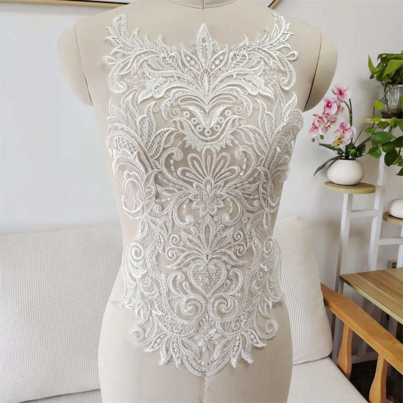 New Mesh Embroidery Sequin Fabric Applique Bridal Wedding Dress Lace Patch Front Chest Back Patch DIY Accessories