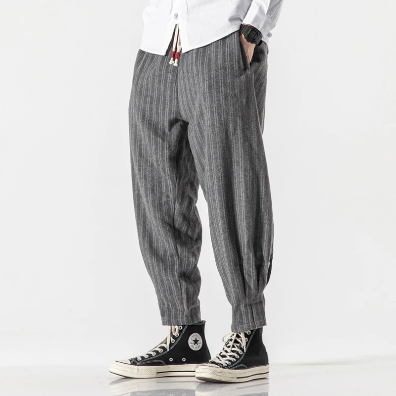 

Wide Pants Men Loose Baggy Harem Pants Winter Thinck Ankle Length Warm Trousers Male Striped Streetwear Joggers Pants