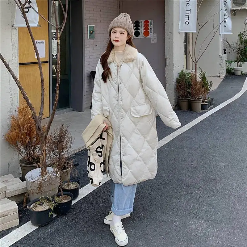 Fur Collar Oversize Rhombus Pattern Long Parkas Pocket Female Warm Long Cotton Overcoat Single Breasted