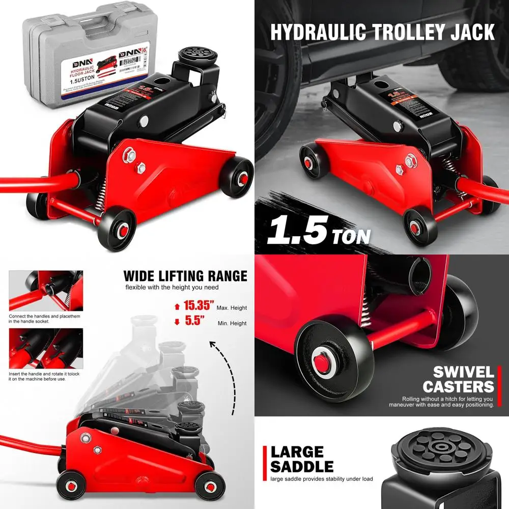 

Compact 1.5 Ton Hydraulic Trolley Jack, 5.5-15.35 Lift Range, Red