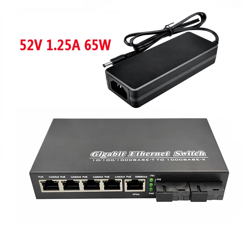 POE switch Gigabit Ethernet switch media converter Fiber Optische UPlink Poort 10/100/1000M 65W 52V1.25A