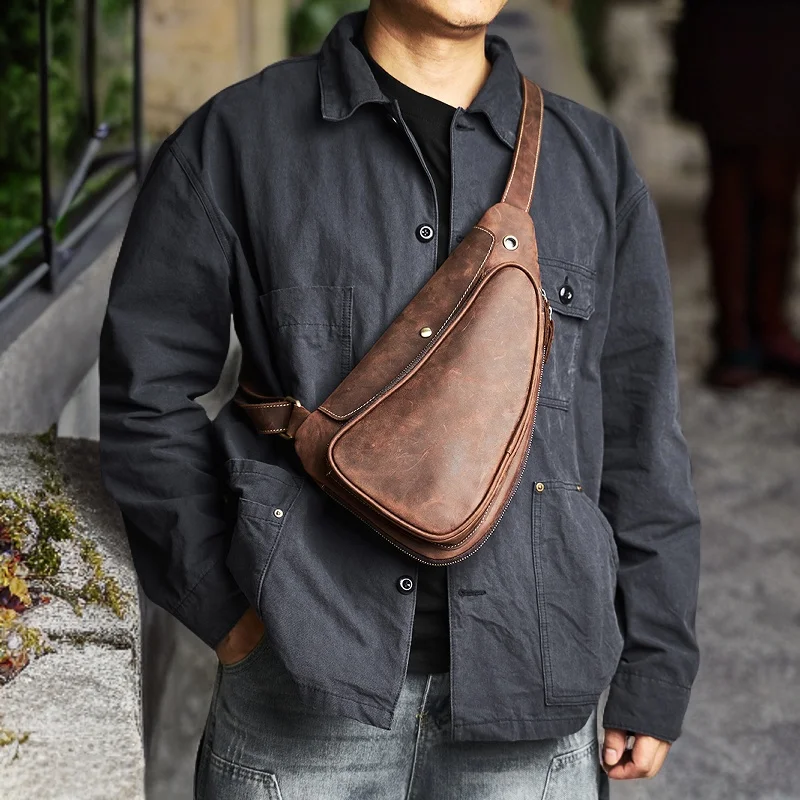 NUPUGOO – Echte Leder-Vintage-Brusttasche für Herren, als Umhängetasche oder Schultertasche tragbar, hochwertiges Leder, multifunktionaler Reißverschluss für 9,7-Zoll-Geräte. – Detail 6