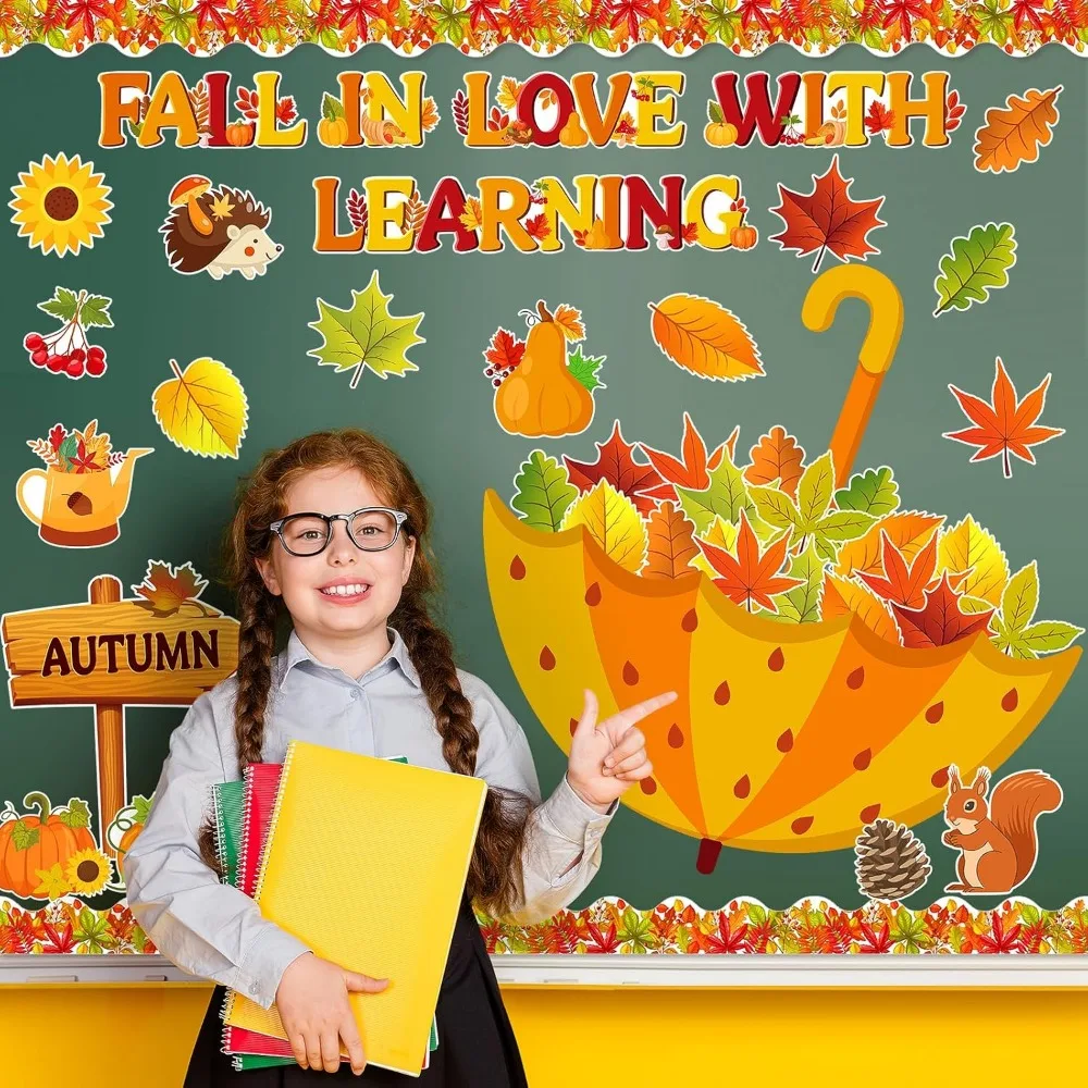 سقوط زخارف لوحة الإعلانات تقع في الحب مع لوحة الإعلانات التعلم مجموعة الخريف أوراق القيقب مظلة اليقطين القواطع ل c