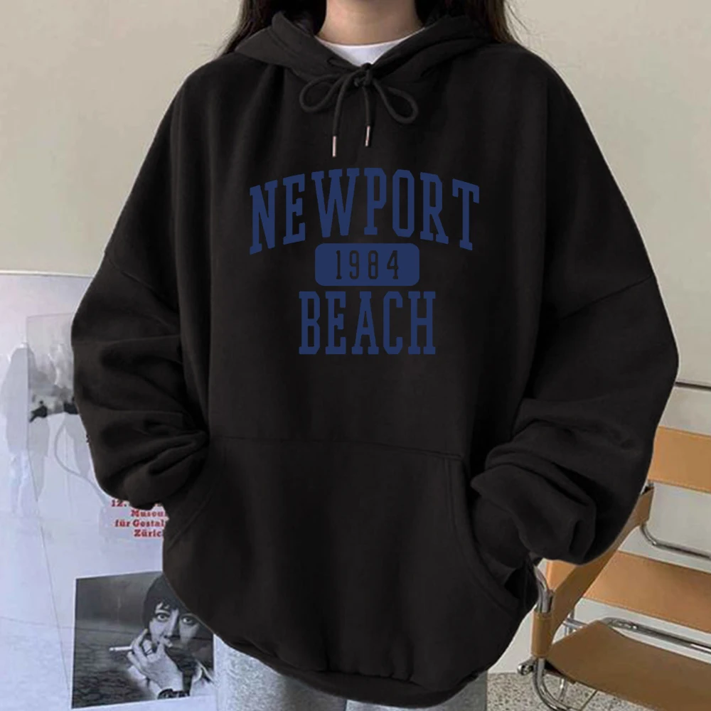 Seeyoushy Harajuku American Style Newport 1987 Beach Print Vintage Women Hoodie Hoodies Pullovers Drop-shoulder Loose Sweatshirt