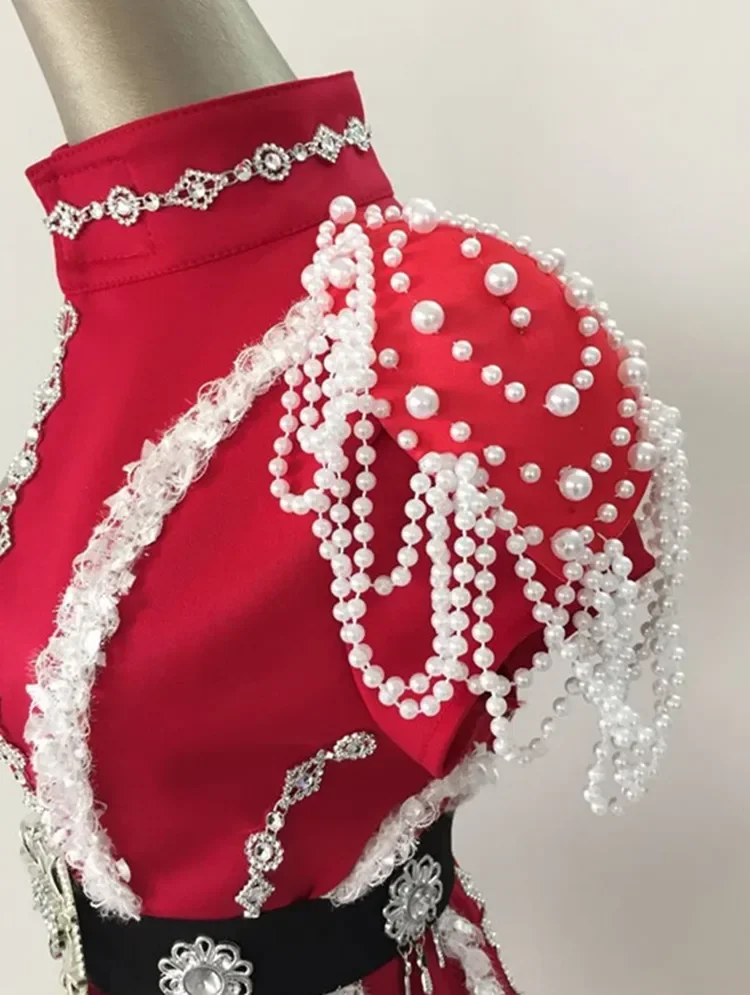 Women's Patchwork Stage Costume New Fashion Female Singer DS DJ Costume Adult Dancing Clothes with White Pearl Chain Collar