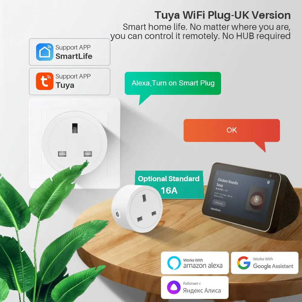 Tuya Smart Plug WiFi 16A UK Socket With Power Monitor Voice Control Timing Power Socket Smart Life Support Alexa Google Home