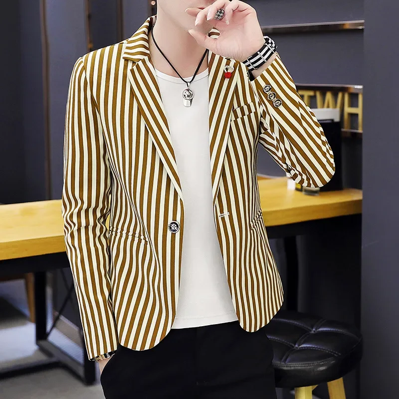 Mens Blazer Jacket 2022 New Suit Male Casual Korean Style Trendy Slim Striped Student Small Suit Jacket Hair Stylist Single Top