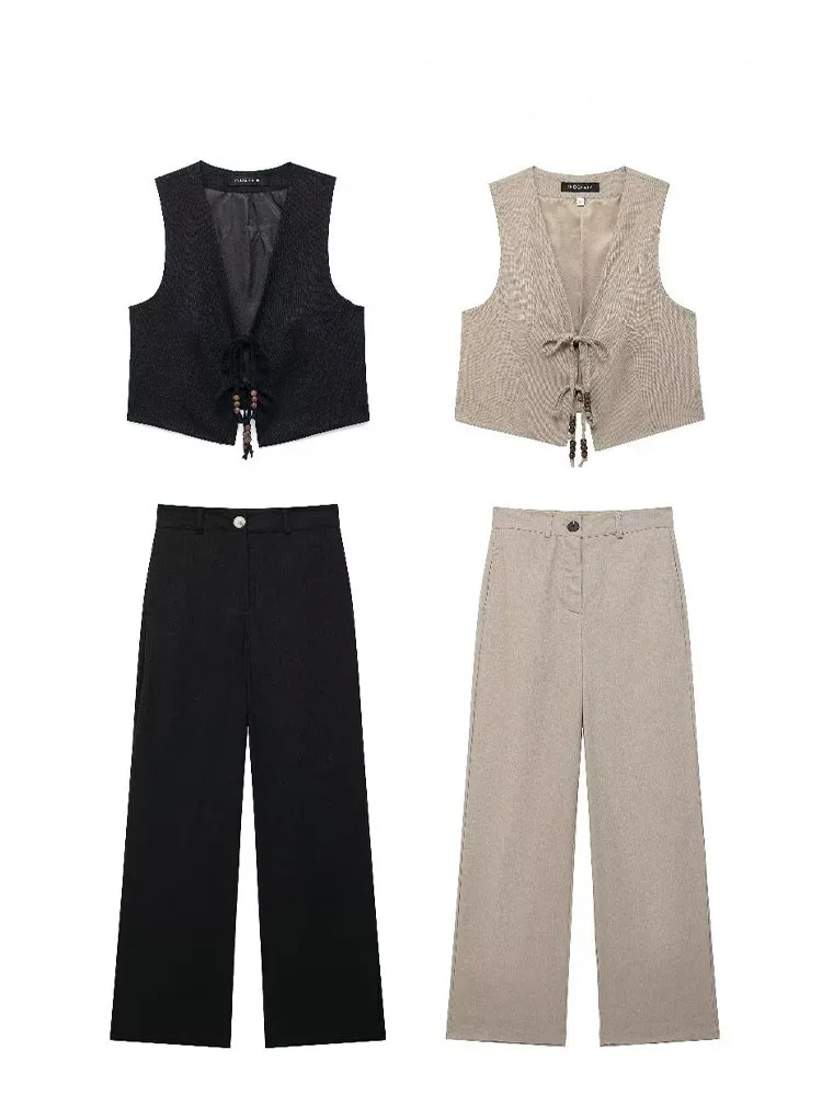 Damski komplet HH, 2-częściowy, elegancki, sznurowany, z koralikami, dekolt w serek, bez rękawów, codzienna bluzka typu vest + luźne spodnie z wysokim stanem i szerokimi nogawkami, z jednolitą kolorystyką i bocznymi kieszeniami.