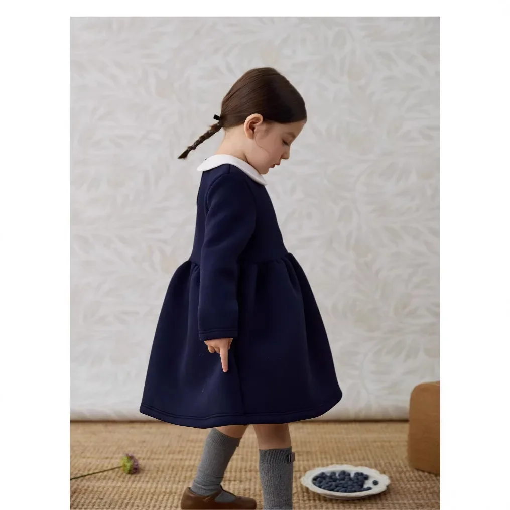 Baby Girls Dress Fashion Long Sleeve Pure Color Peter Pan Collar High End 2024 Jesienna nowa sukienka dziecięca — zdjęcie 5