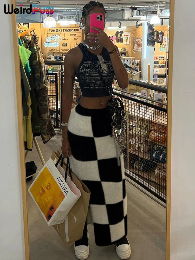 Weird Puss Y2K Checkerboard Women Skirts Knit Side Split Skinny Vintage Fashion Wild Streetwear High Waist Maxi Straight Skirt