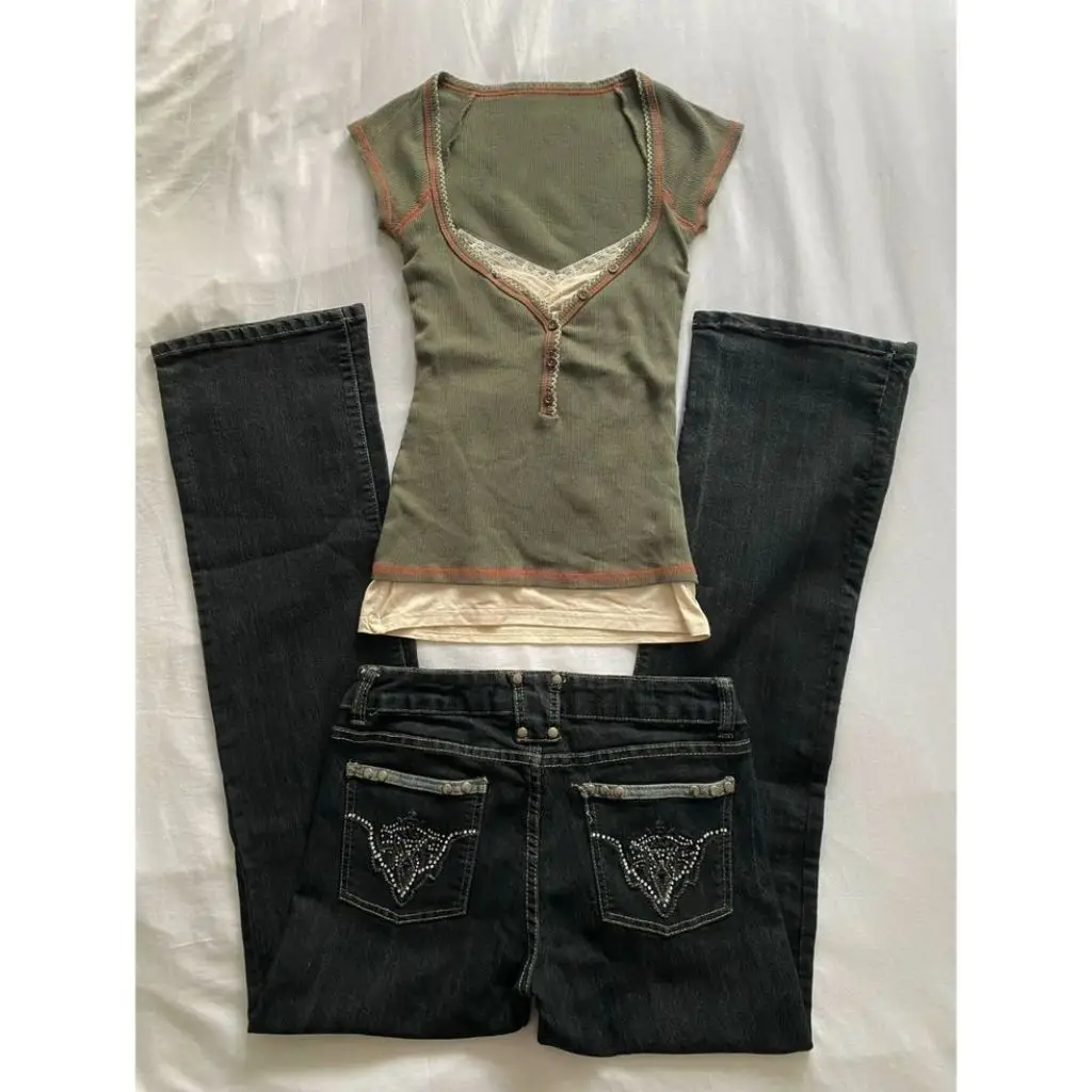 Y2k Clothes T-shirt Harajuku Korea Y2k 90s Goth Punk Vintage Crop Top Summer Fake 2Pieces Slim Lace Hot Girl Tee Emo Grunge Chic