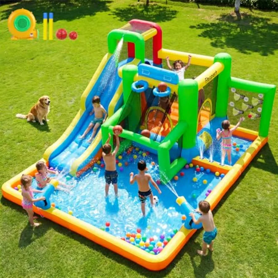 

Inflatable Bounce House Water Slide for Indoor Outdoor PVC Blue with Splash Pool, Slide, Ball Shooting, Water Gun, Bounce Area,