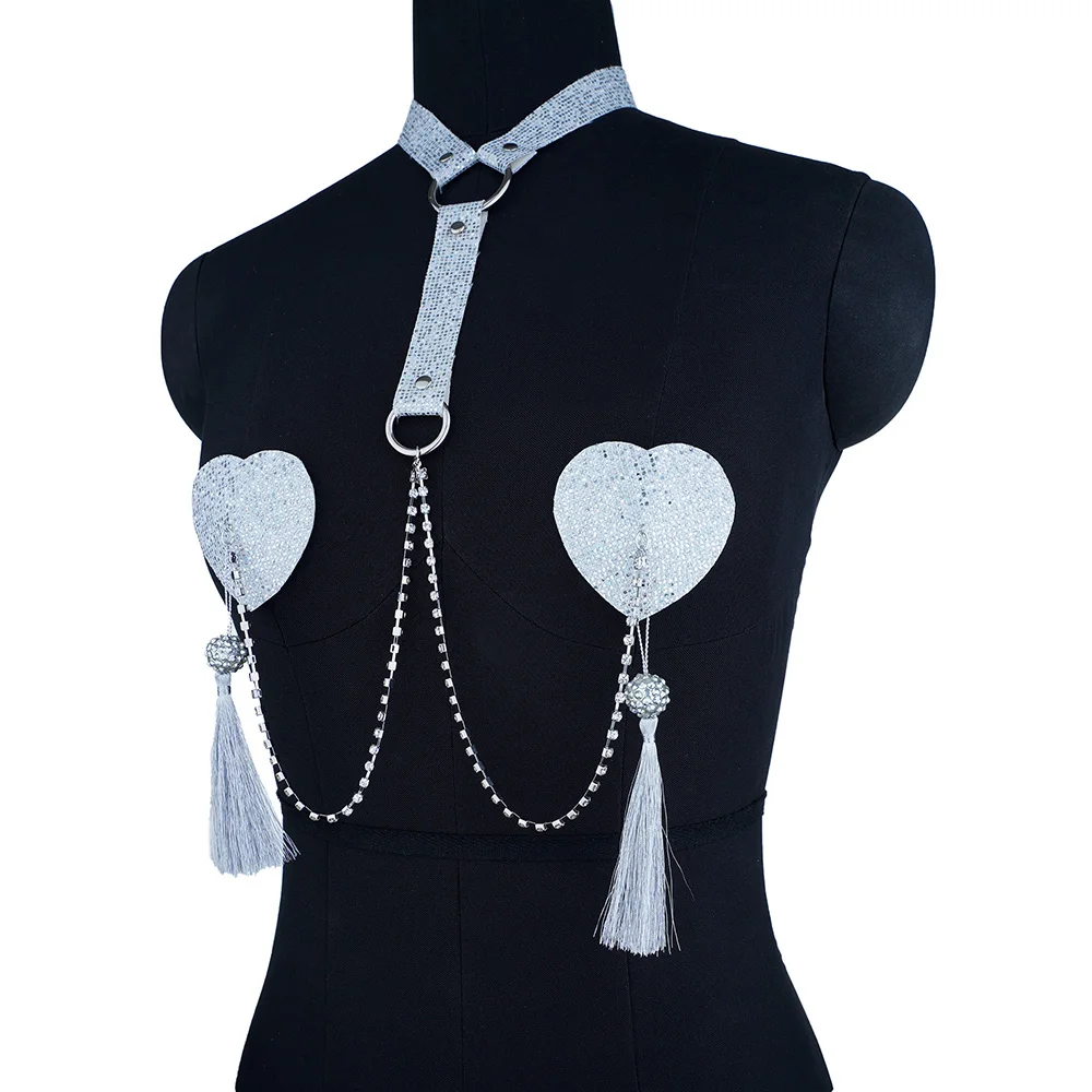 Sexy Women Tassel Pendant Body Jewelry Chain Nipple Pasties Nipple Cover Linked Reusable Chain With Choker Bondage Body Chains