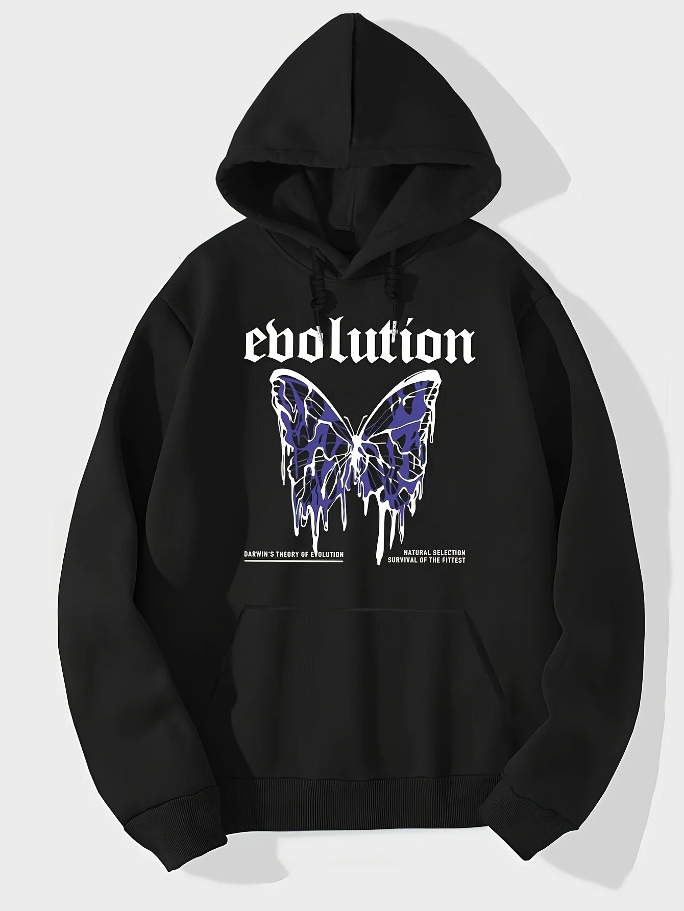 Sweat-shirt à capuche pour homme en polyester noir uni, coupe ample, avec imprimé avant motif papillon violet effet goutte et texte 'Evolution', style esthétique sombre, pour l'automne