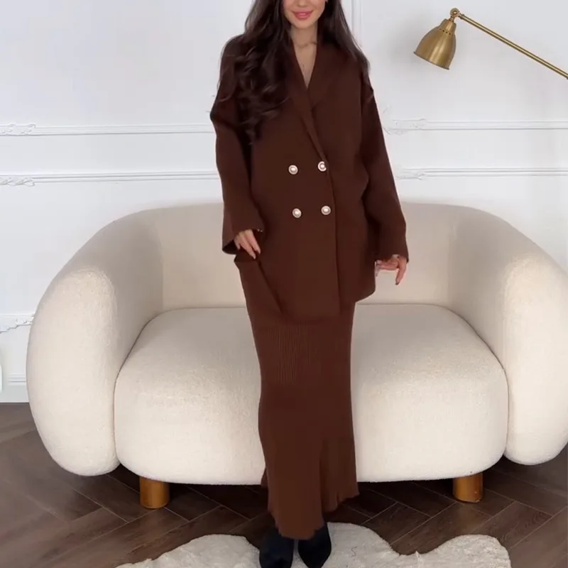 

2025 spring new women's clothing V-neck double-breasted jacket loose skirt solid color set Z124