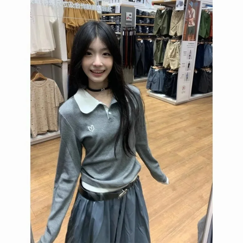 2025 nova primavera falso duas peças topos feminino costurado manga comprida feminino estilo universitário retro magro polo pescoço base camisas