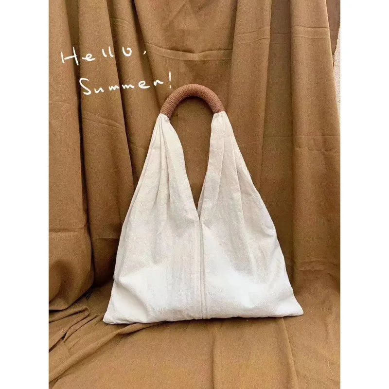 2024 Vintage Cotton And Linen Canvas Women\'S Shoulder Handbag Solid Color Casual Shoulder Fabric Bag