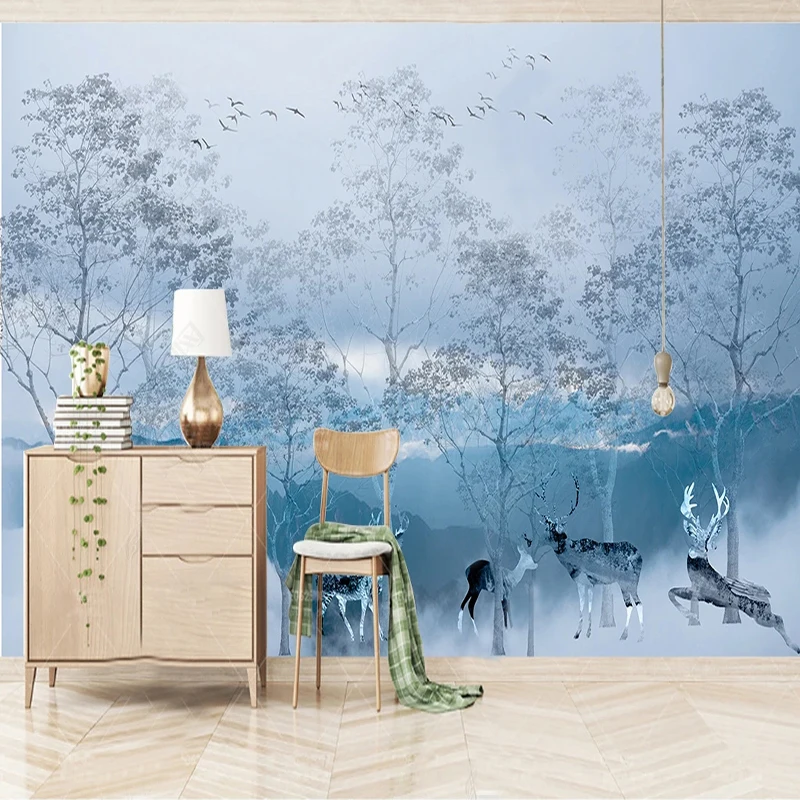 Custom 3D Murals Nordic Minimalist Abstract Elk Forest Wall Paper Sticker For Living Room Decoration Wallpaper For Bedroom Wall