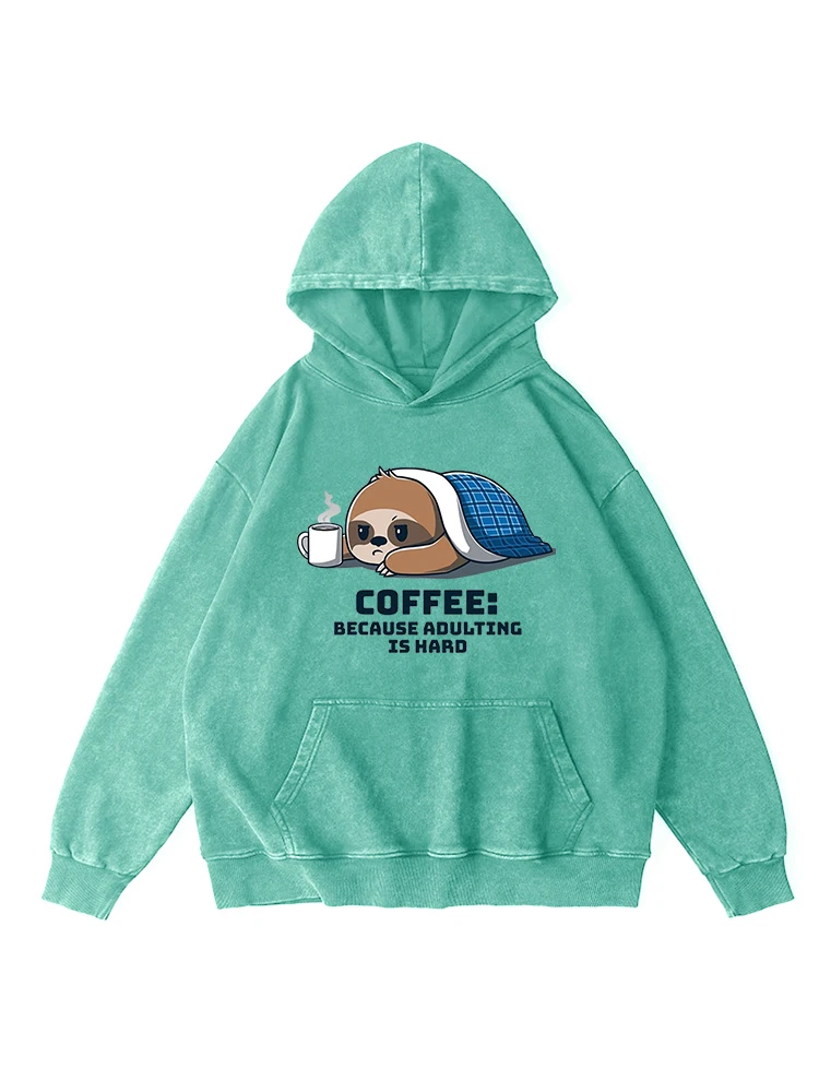 Koalas Drinking Coffee Print Woman Distressed Hoodie Vintage Warm Washed Hooded Casual Soft Cotton Simple Loose Clothes Female