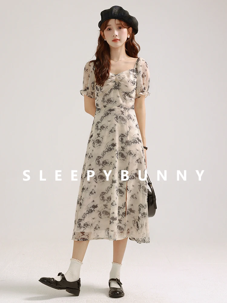 المرأة الأزهار الباردة الكتف كشكش فستان بحزام الصيف ألف خط أسود روز طباعة الشيفون ميدي فستان الشمس لقضاء عطلة الشاطئ تاريخ