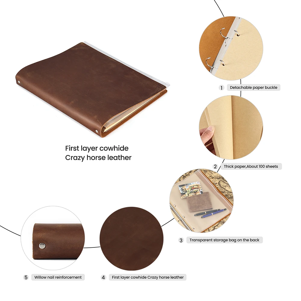 JOYIR Genuine Leather Handmade A4 Size Ring Planner Vintage Unisex Notebook With 4 Ring Binder Sketchbook Office Notepad