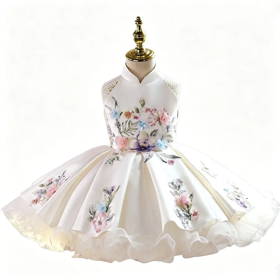 Neues Prinzessinnenkleid für Mädchen, bestickt mit Perlen und Blumen, Kinder-Festkleid aus Satin und Tüll, Hochzeits- und Geburtstagsparty-Kostüm für 2-12 Jahre A5099 – Detail 8
