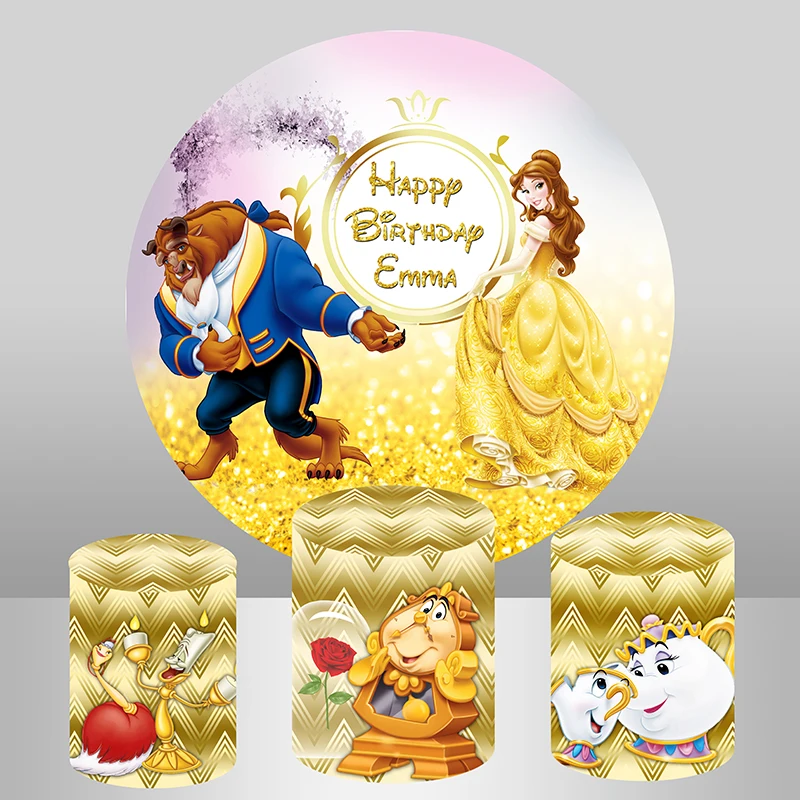 

Disney Beauty and The Beast Princess Belle Round Backdrop Cover Yellow Glitter Boken Girls Birthday Party Circle Backgrounds