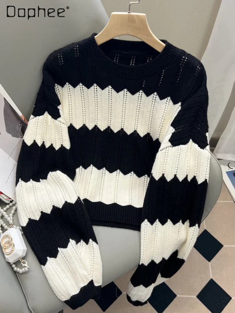 

Casual Knitted Sweater for Women Autumn New Design Sense Loose Soft Hollow Contrast Color Striped Top Ladies