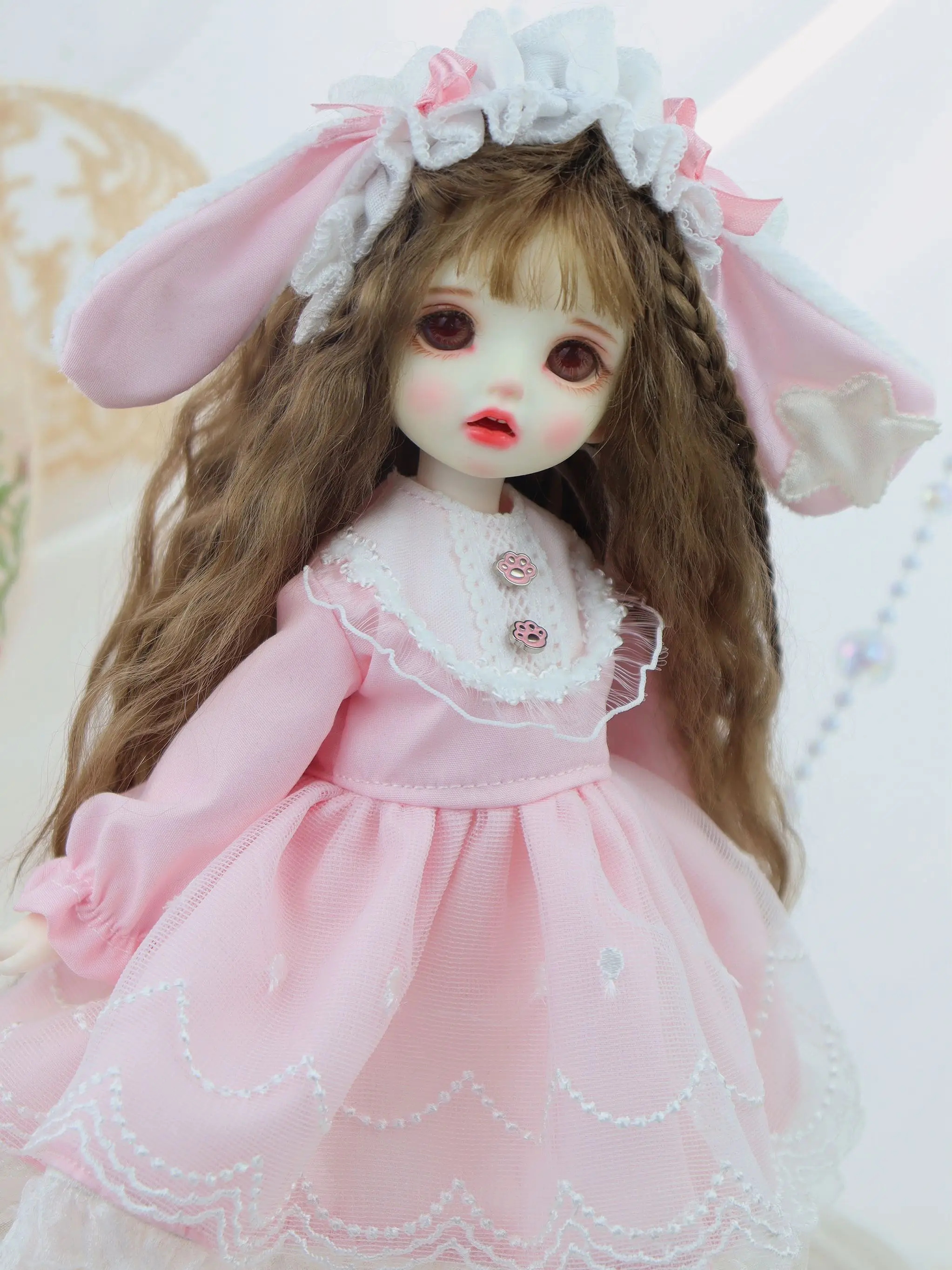 

BJD Doll Clothes Suitable for 1/3 1/4 1/6 size bjd dress for girl Cute Pink Rabbit Ear Skirt Set Doll Accessories (Two Points)