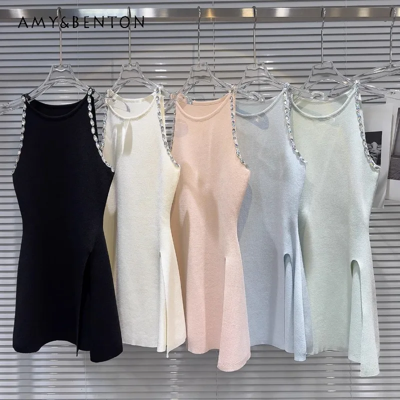 

2024 Summer New Solid Color Sleeveless Vestidos Sweet Elegance Rhinestone Beaded Side Slim Knitwear Vest Dress Women's Clothes