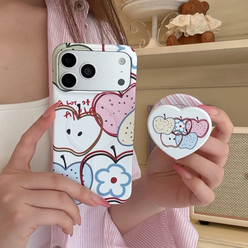 

Color Line Fruit Flower Graffiti Painting Magnetic Phone Case For iPhone 16 Pro 17 15 Pro Max Back Cover with Stand Cases For Ma